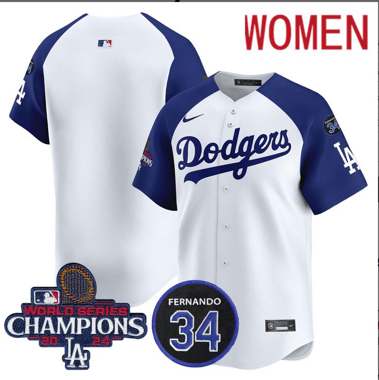 Women MLB Los Angeles Dodgers  blank white 2024 World Series Champions Patch Limited Jersey style 2->customized mlb jersey->Custom Jersey